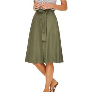 LOFT Olive Green Midi Skirt Button Front Tie‎ Waist Casual Career Size 2